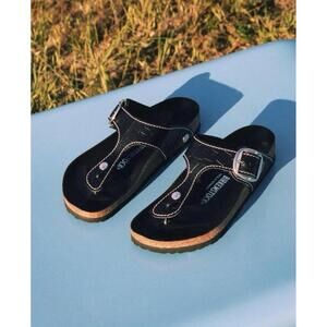 NWT BIRKENSTOCK + STAUD Gizeh Big Buckle Black Croc Embossed 36 Sandals Arizona
